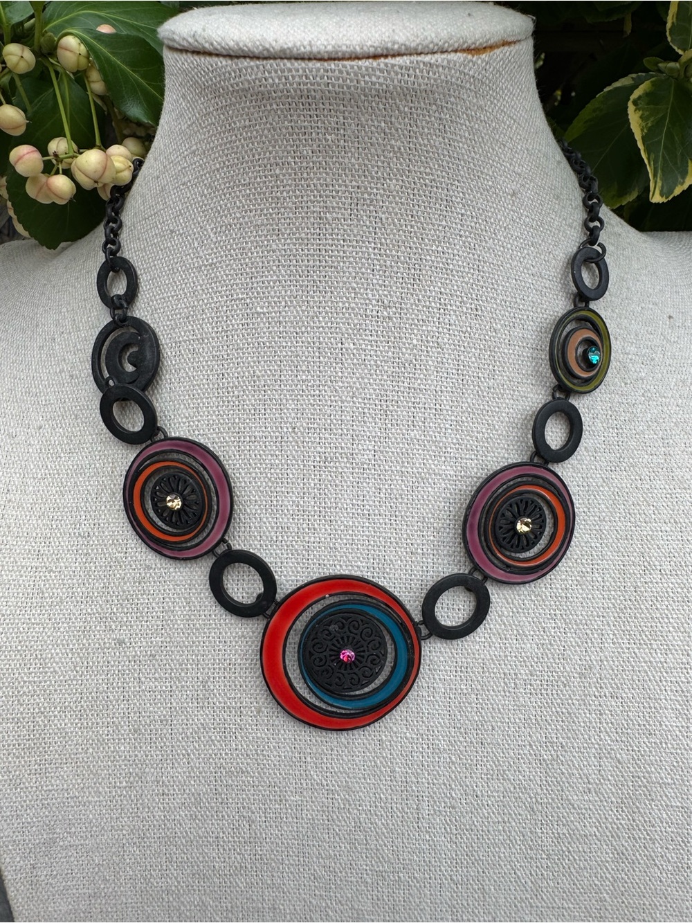 Modernist Circular Statement Metal Necklace - Enamel & Rhinestone